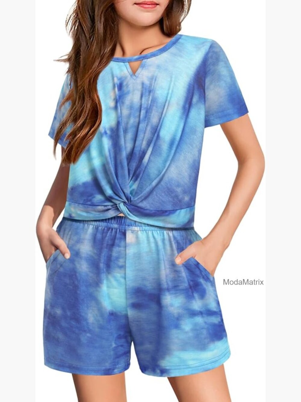 Girls 2 Piece Short Set Twist Front Top & Pants with Pockets Summer